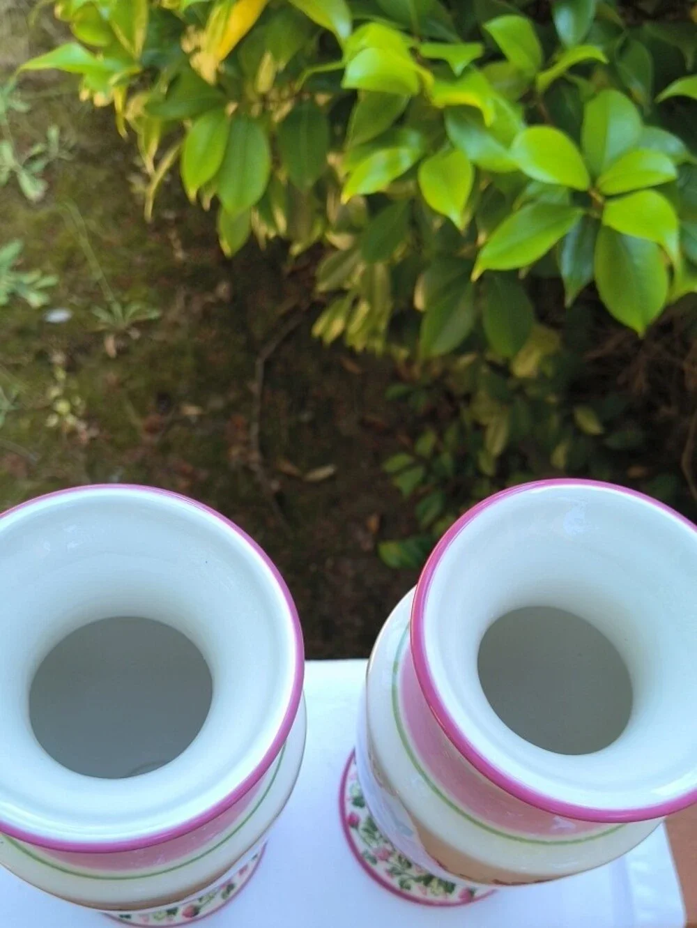 Laura Ashley Pink and White Floral Ceramic Vase Pair with Green Accents